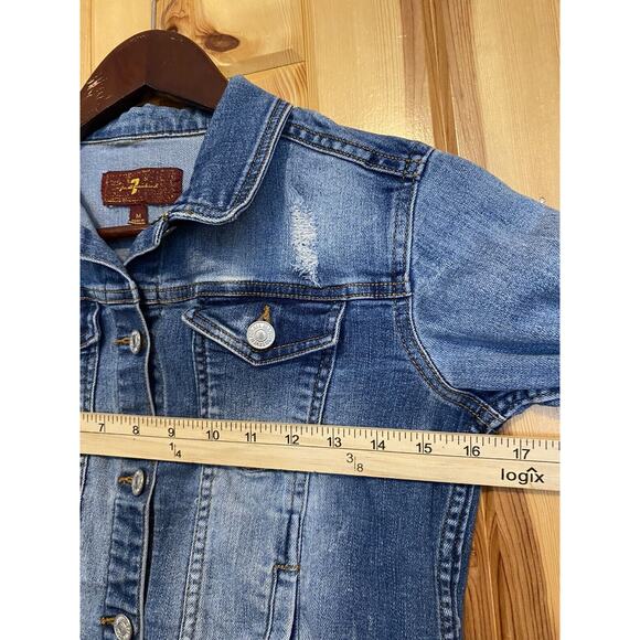 7 For All Mankind Denim Jacket Girls M Trucker Distressed Flap Pockets Stretchy - Picture 6 of 8